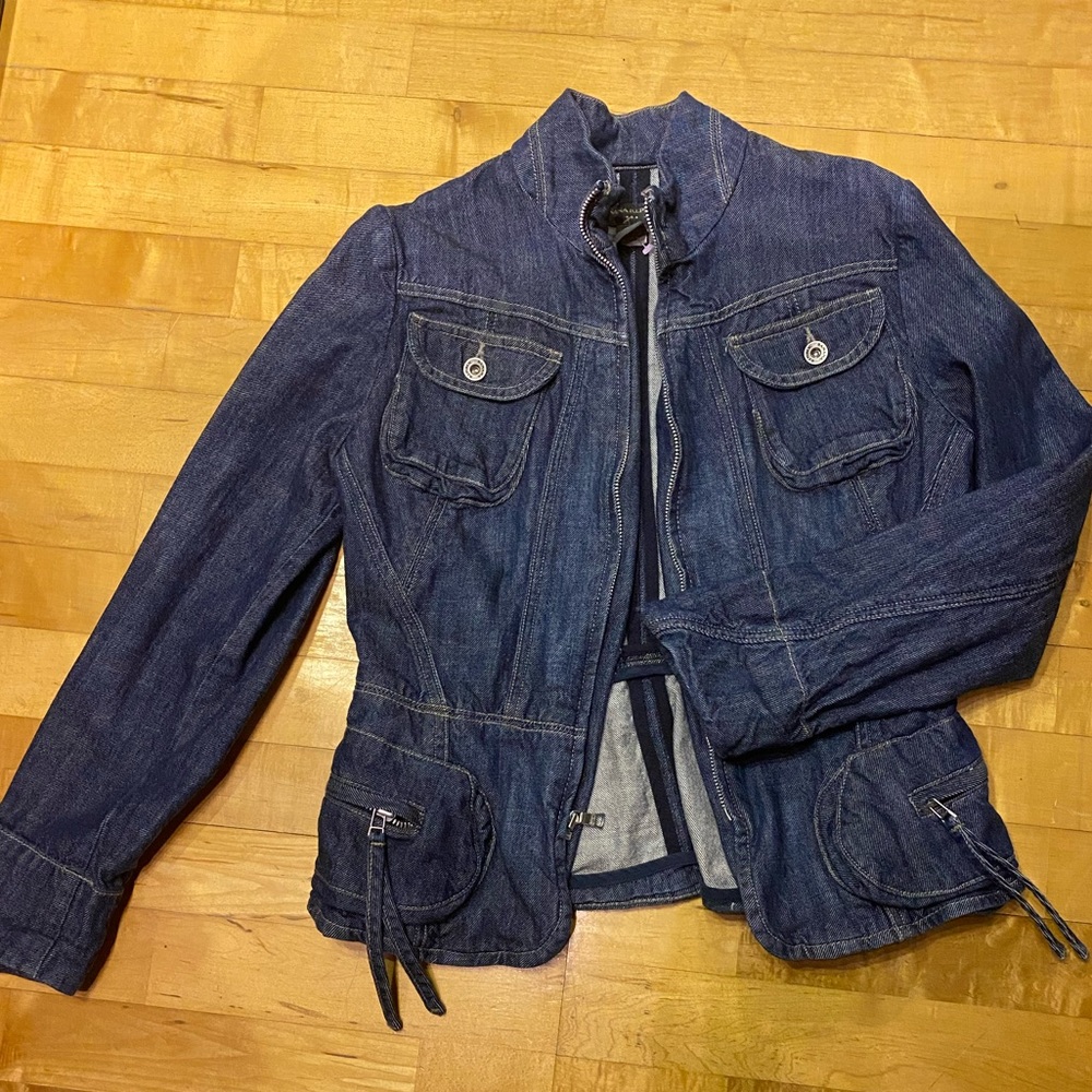 Moto Jean Jacket Utility Boho Denim Coat Top Military Blazer Cargo Pocket S M 6